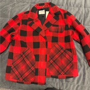 Woolrich Red and Black Plaid Pea Coat